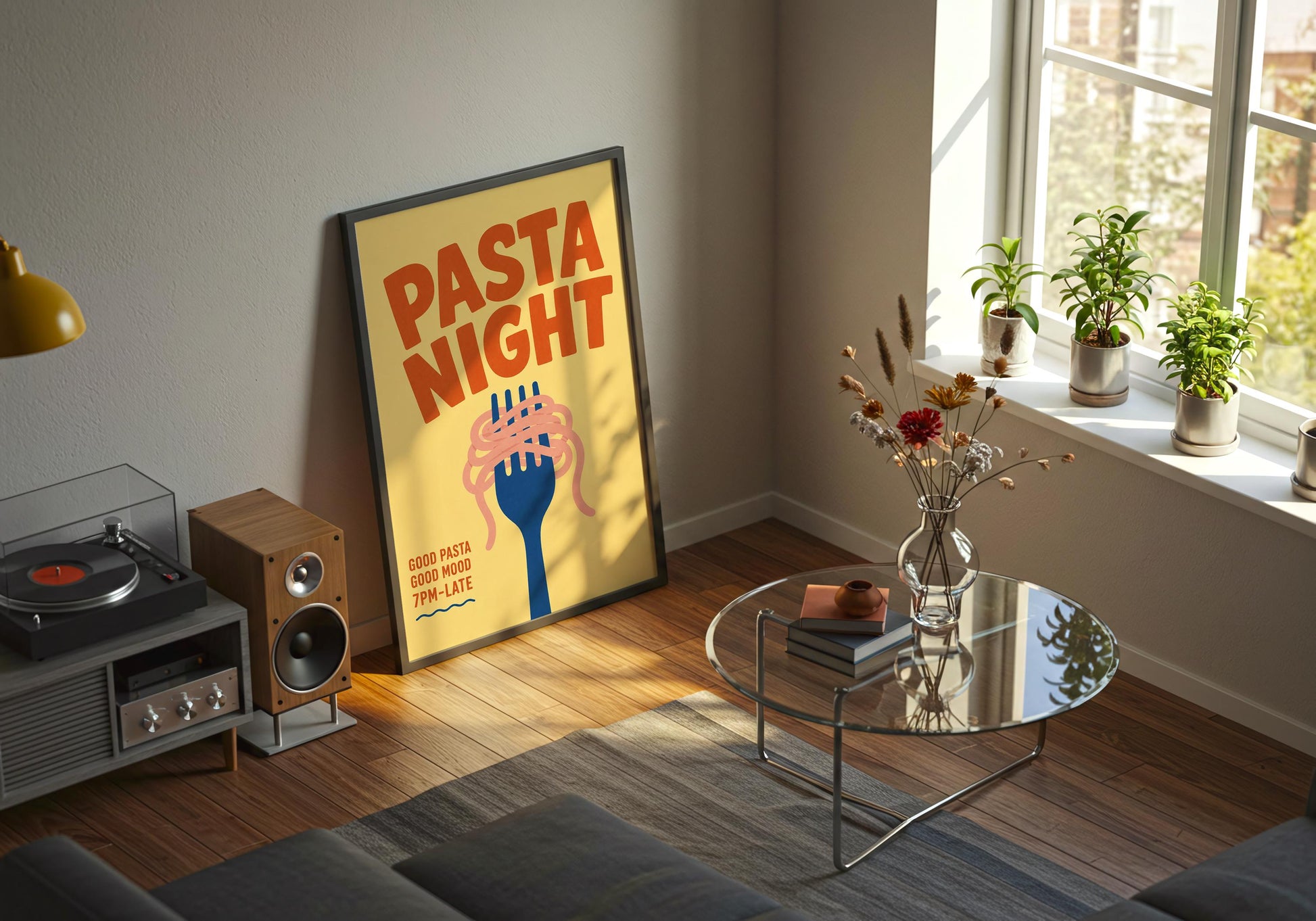 Retro-style Italian kitchen artwork featuring spaghetti on a fork with vibrant yellow and blue colours.