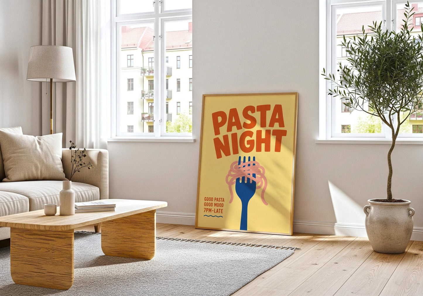 Contemporary foodie wall art celebrating pasta night, ideal for kitchens, cafés, restaurants, and dining spaces.