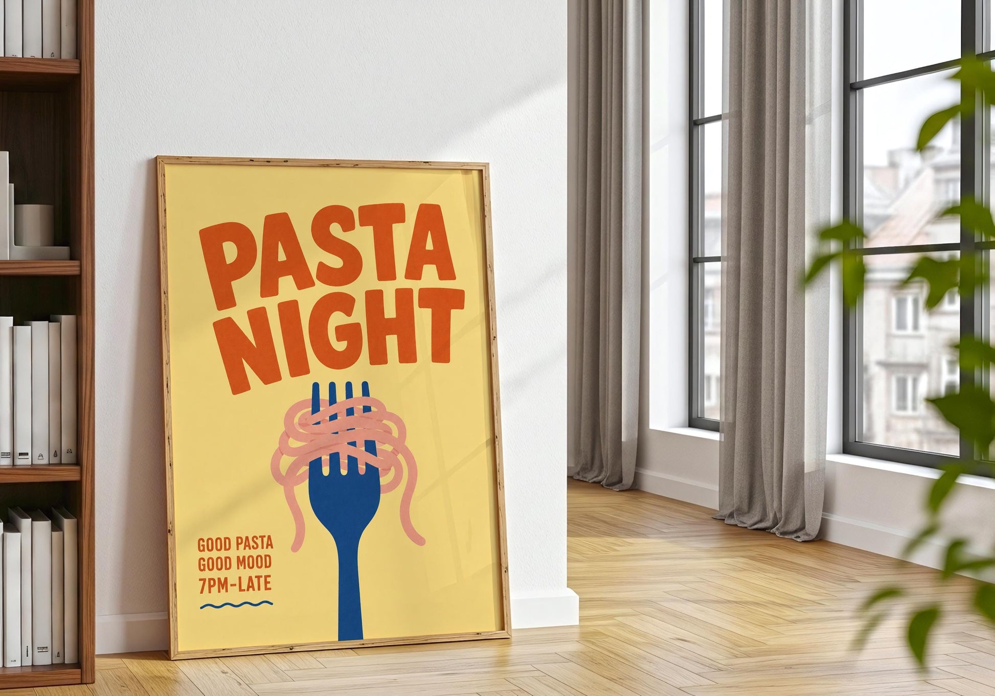 Minimalist pasta lover print with bold vintage-inspired typography, perfect for kitchen and dining room wall decor.