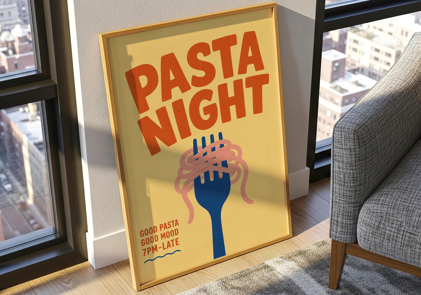 Bright kitchen wall decor featuring a playful Pasta Night design with spaghetti illustration and bold retro lettering.