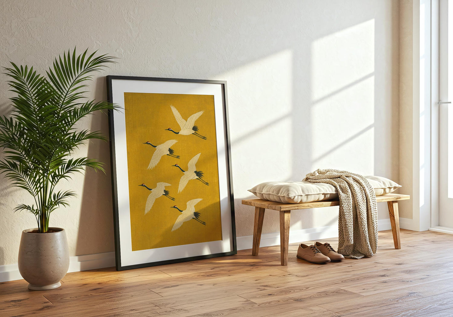 Elegant flying crane print inspired by traditional Japanese art, perfect for living rooms, bedrooms, offices, and meditation spaces.