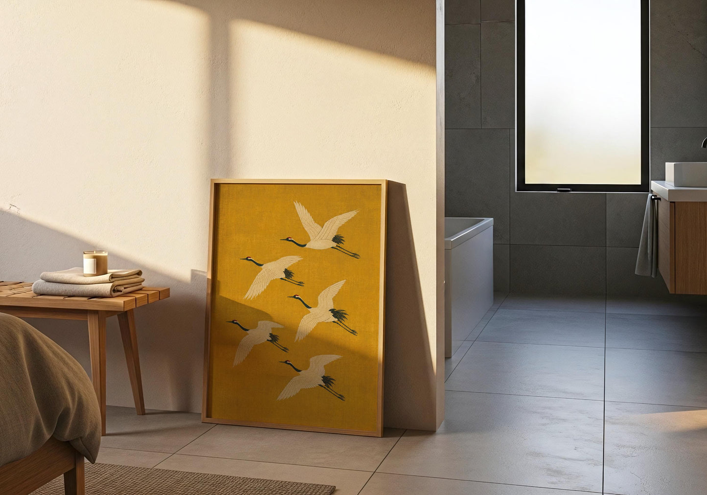 Japanese-inspired crane artwork featuring elegant birds in flight, ideal for Japandi, Wabi-Sabi, and contemporary home decor.