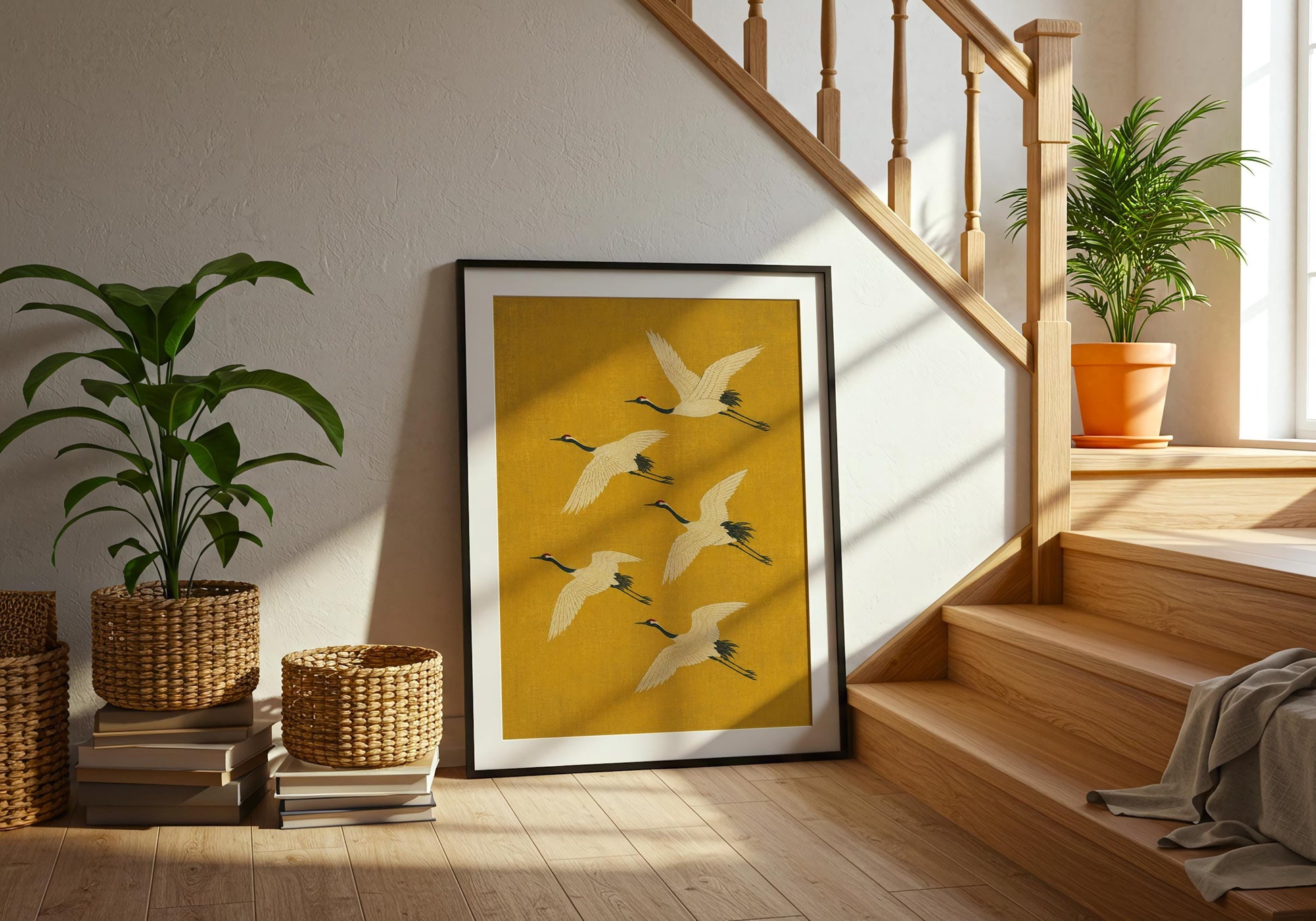 Gold crane wall decor featuring graceful white birds, minimalist nature artwork for modern Scandinavian and Japanese homes.
