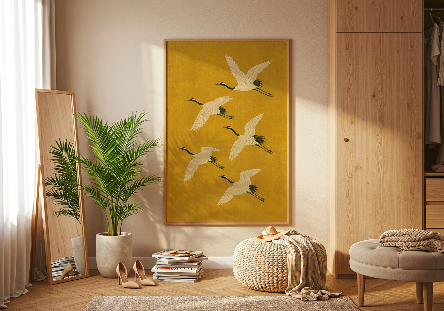 Contemporary Japandi crane print with five white cranes in flight on an ochre background, creating calm and sophisticated wall decor.