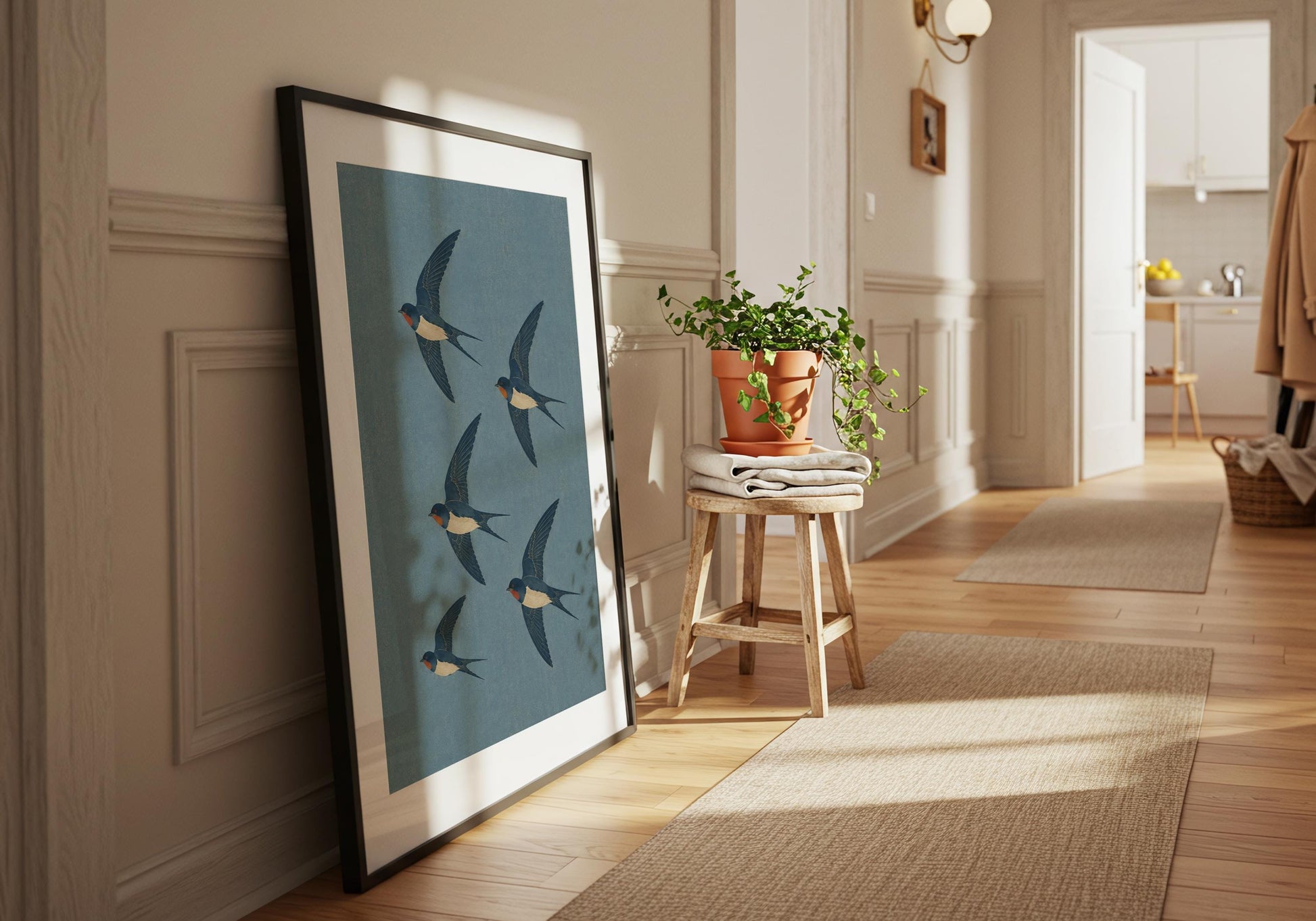 Scandinavian bird wall art featuring flying swallows on a textured blue background for calm, minimalist spaces.