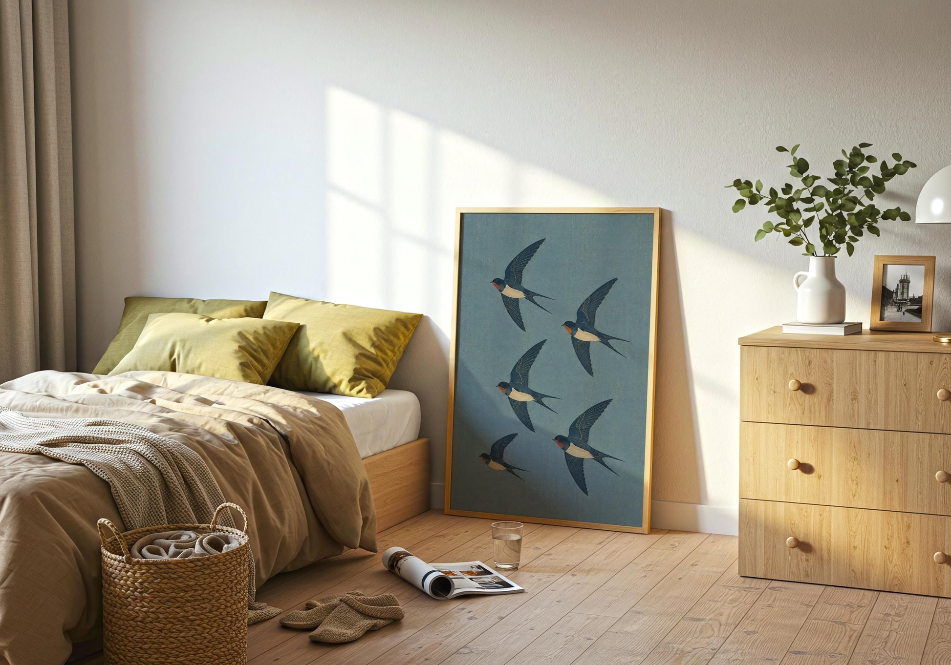 Blue swallow poster inspired by vintage wildlife illustrations, ideal for cottagecore and farmhouse interiors.