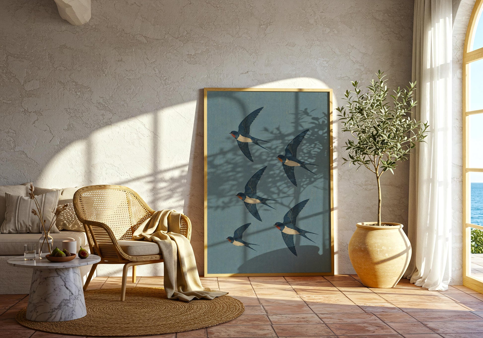 Coastal wall decor with five swallows soaring through the sky, creating peaceful nature-inspired home decor.