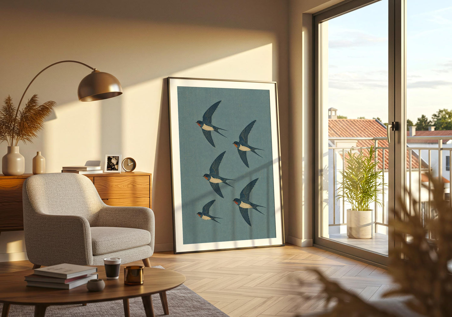Flying swallow artwork with soft blue tones, elegant bird decor for hallways, bedrooms, and living rooms.