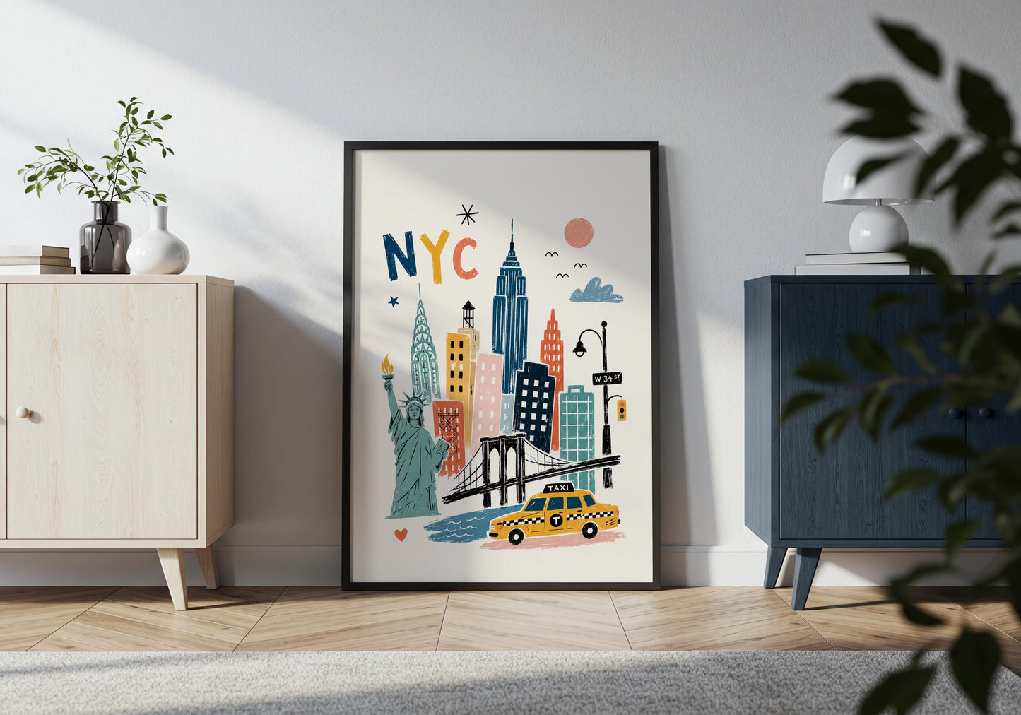 New York City decor print featuring a whimsical Manhattan skyline and iconic NYC imagery on a warm off-white background.
