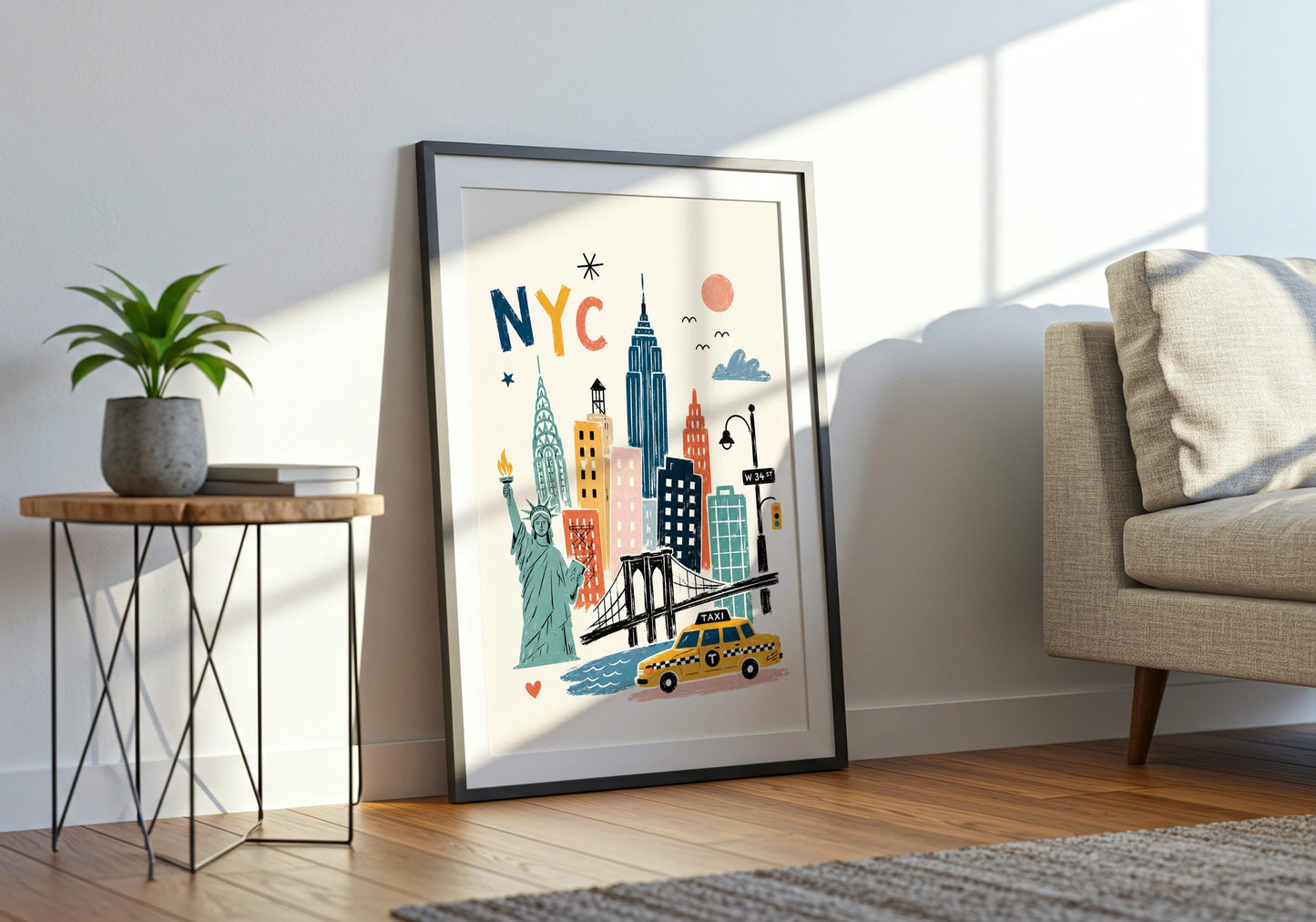 Framed colourful Manhattan art print displayed against a bright neutral panelled wall in a modern interior.