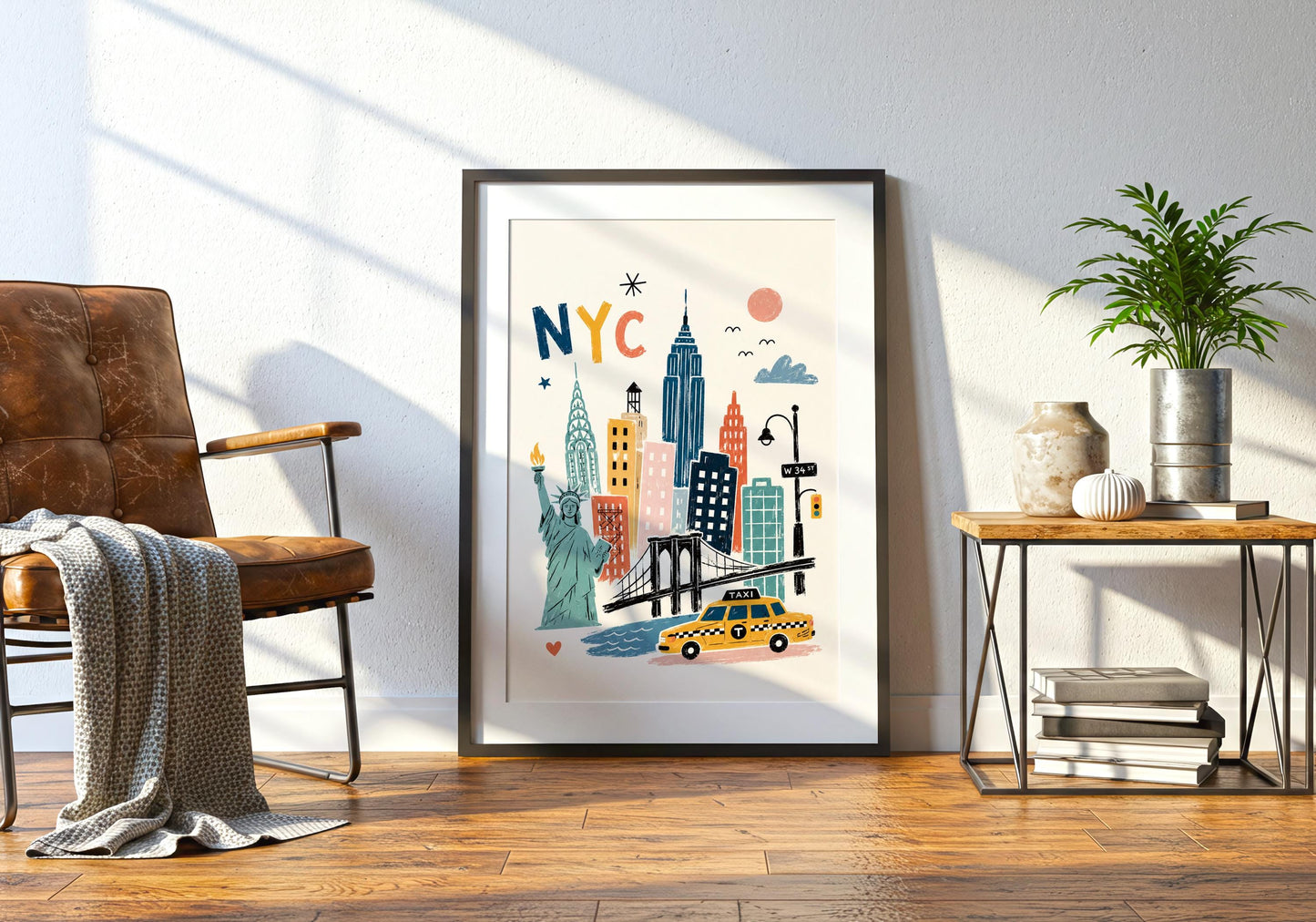 Illustrated NYC cityscape showing the Statue of Liberty, Brooklyn Bridge, skyscrapers and West 34th Street sign.