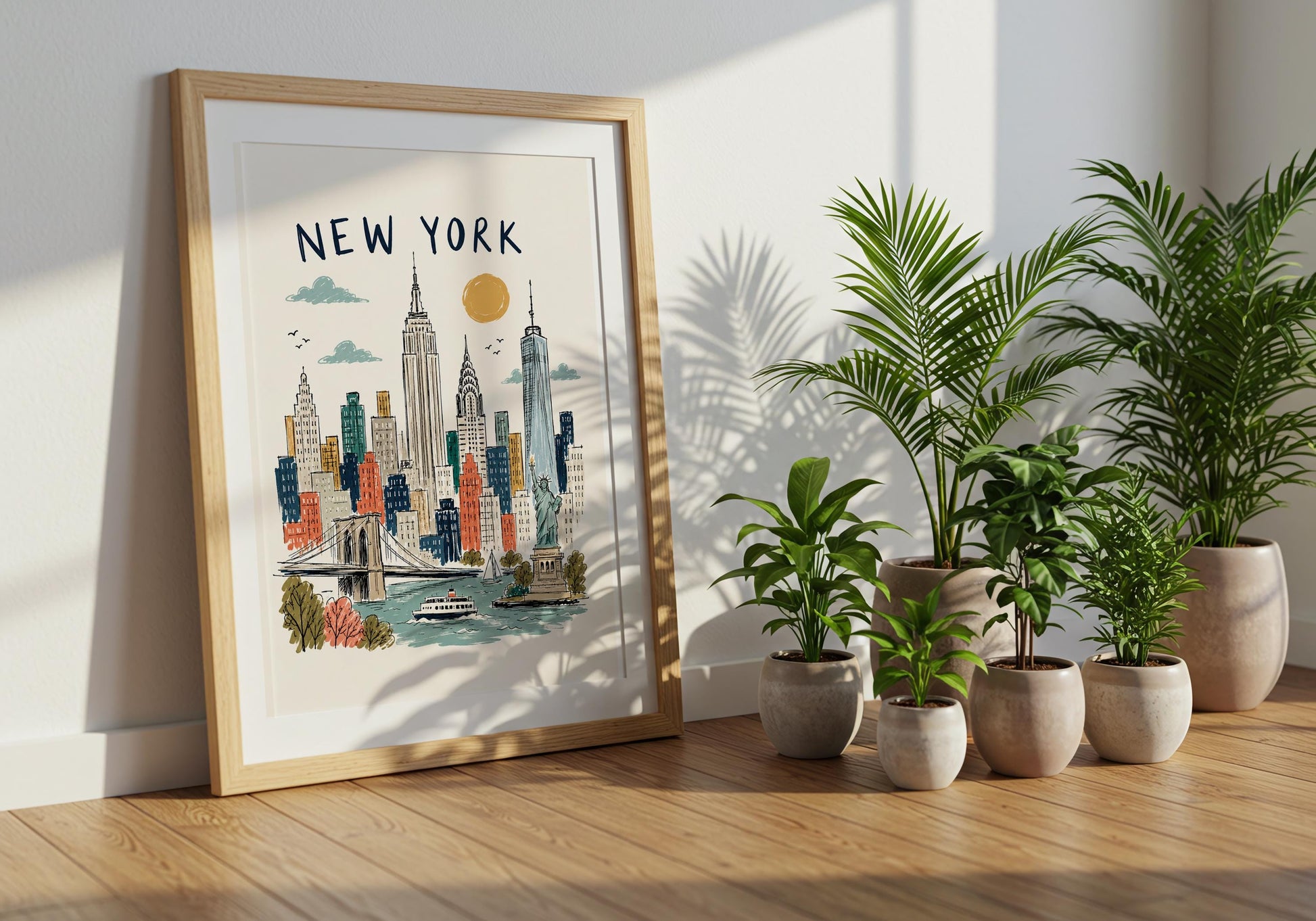 Framed Manhattan travel print displayed in a bright elegant interior with pale wood flooring and decorative wall panels.