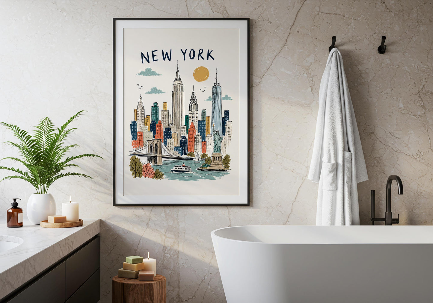 Hand-drawn NYC cityscape with iconic skyscrapers, blue clouds and a golden sun in a vintage poster style.