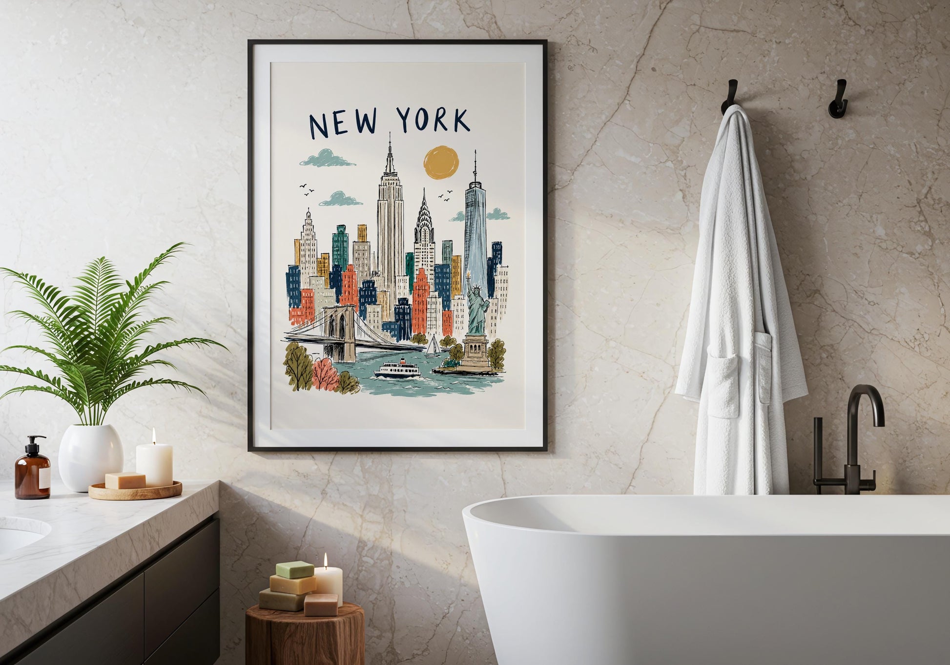 Hand-drawn NYC cityscape with iconic skyscrapers, blue clouds and a golden sun in a vintage poster style.