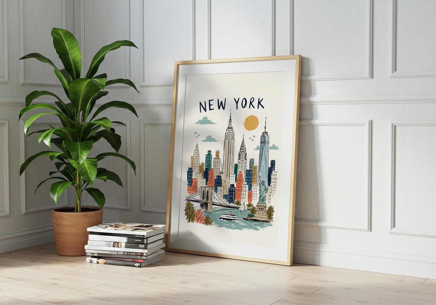 Illustrated New York souvenir print featuring famous NYC landmarks and waterfront scenery in a classic travel-art composition.