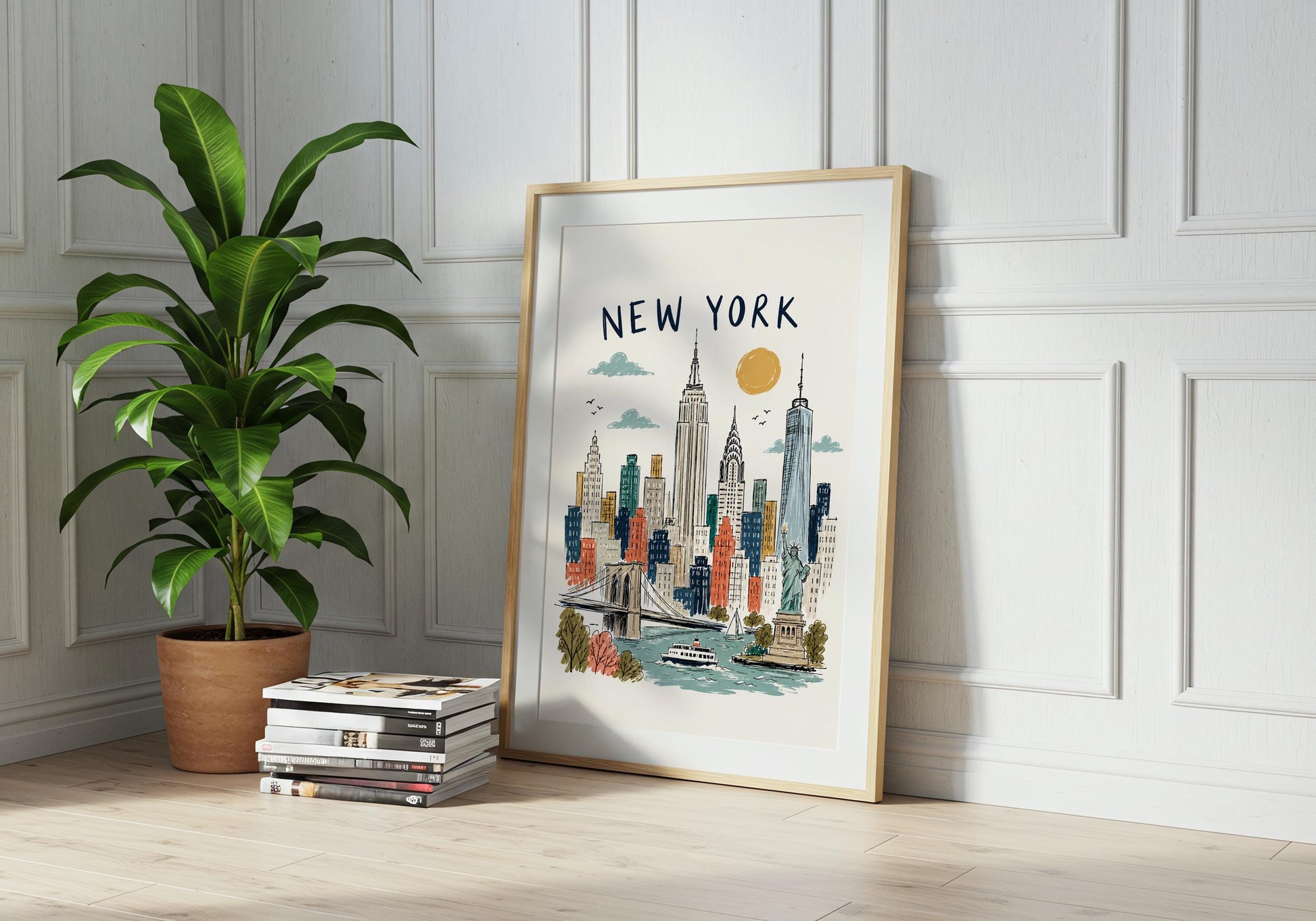 Illustrated New York souvenir print featuring famous NYC landmarks and waterfront scenery in a classic travel-art composition.