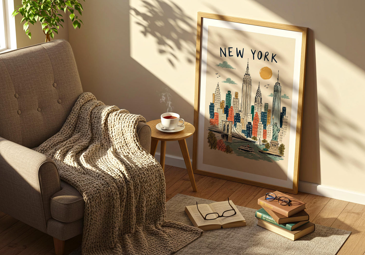 New York illustration featuring the Brooklyn Bridge, Statue of Liberty, Manhattan skyline and boats on the waterfront.