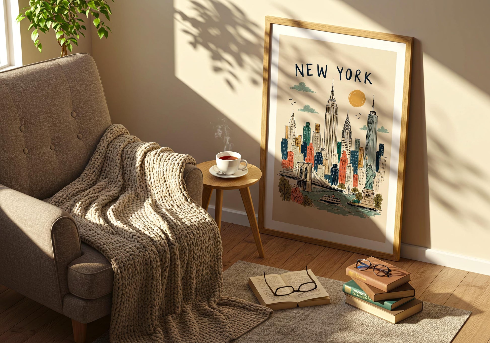 New York illustration featuring the Brooklyn Bridge, Statue of Liberty, Manhattan skyline and boats on the waterfront.