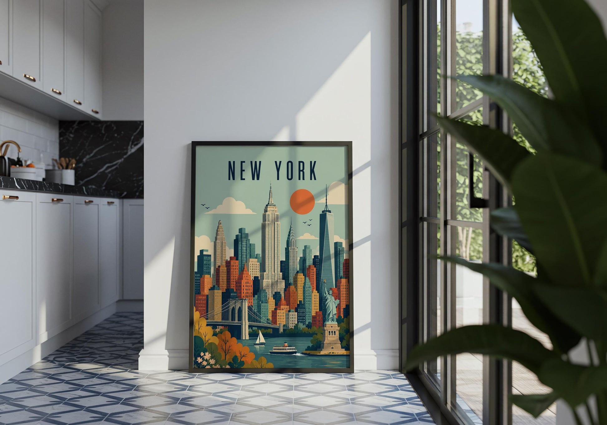 Mid-century modern NYC wall decor featuring Manhattan landmarks, autumnal foliage, boats and a graphic blue-green sky.