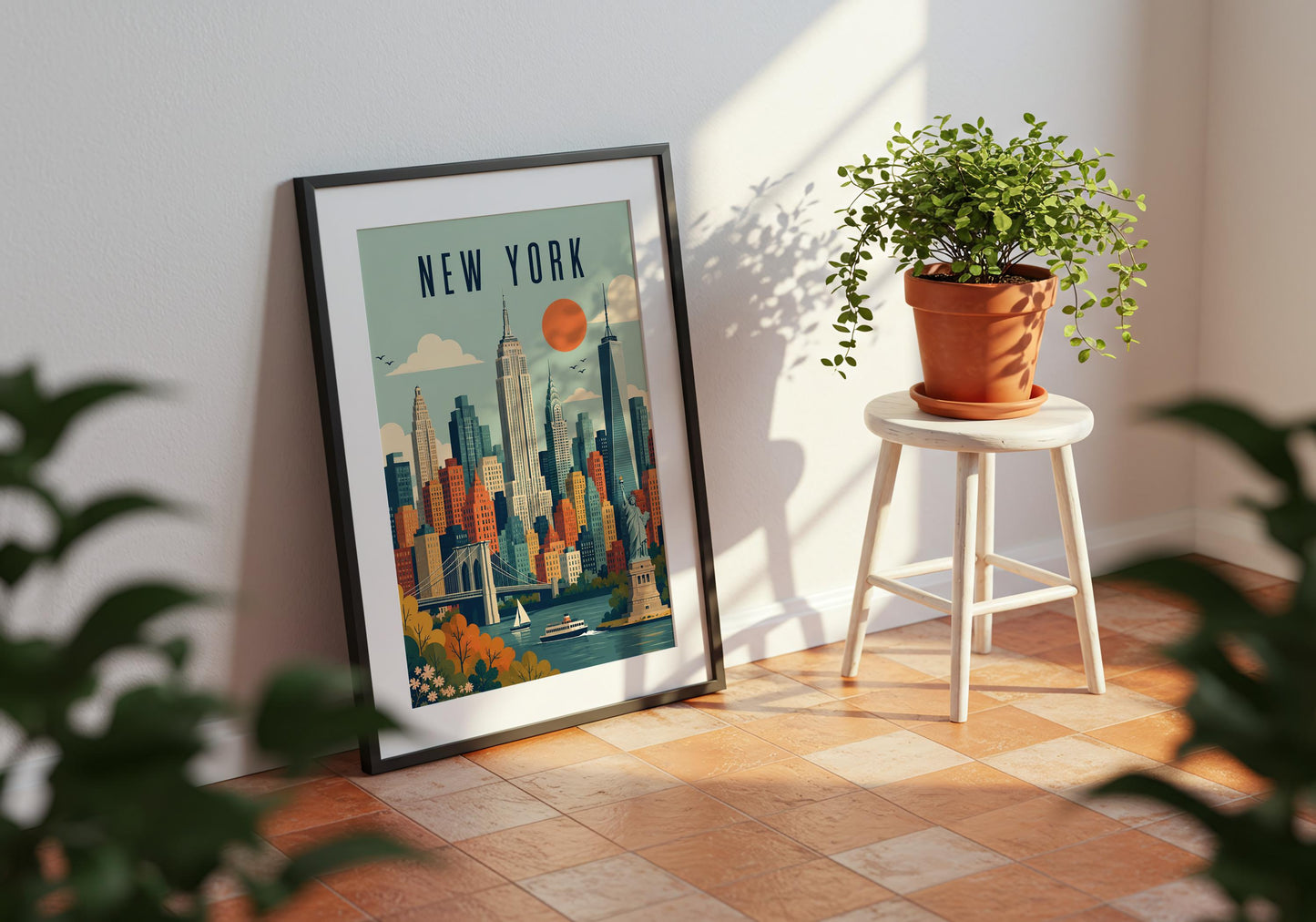 60s inspired New York poster with a bold orange sun, stylised clouds and geometric city buildings.