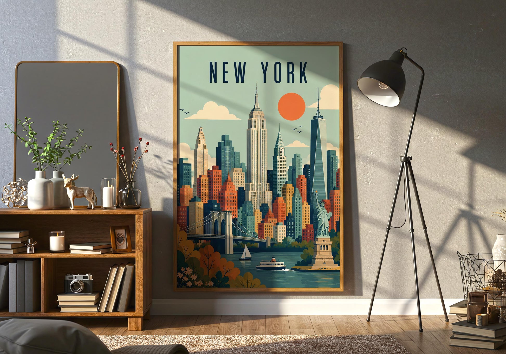 Framed mid-century modern city print displayed against an elegant neutral panelled wall with pale wooden flooring.