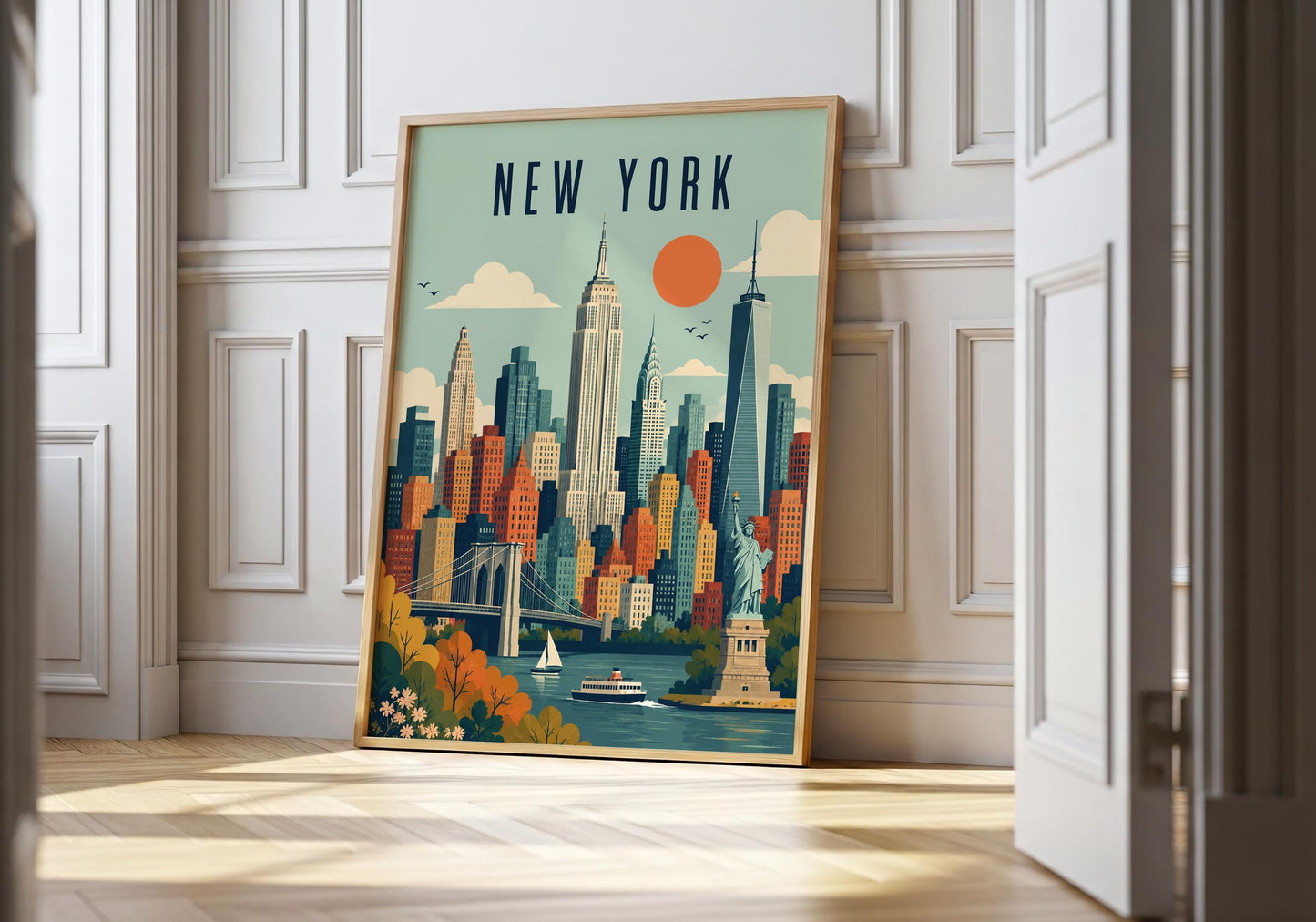 Mid-century New York print featuring a colourful geometric Manhattan skyline beneath an orange sun and aqua blue sky.