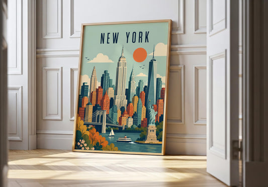 Mid-century New York print featuring a colourful geometric Manhattan skyline beneath an orange sun and aqua blue sky.