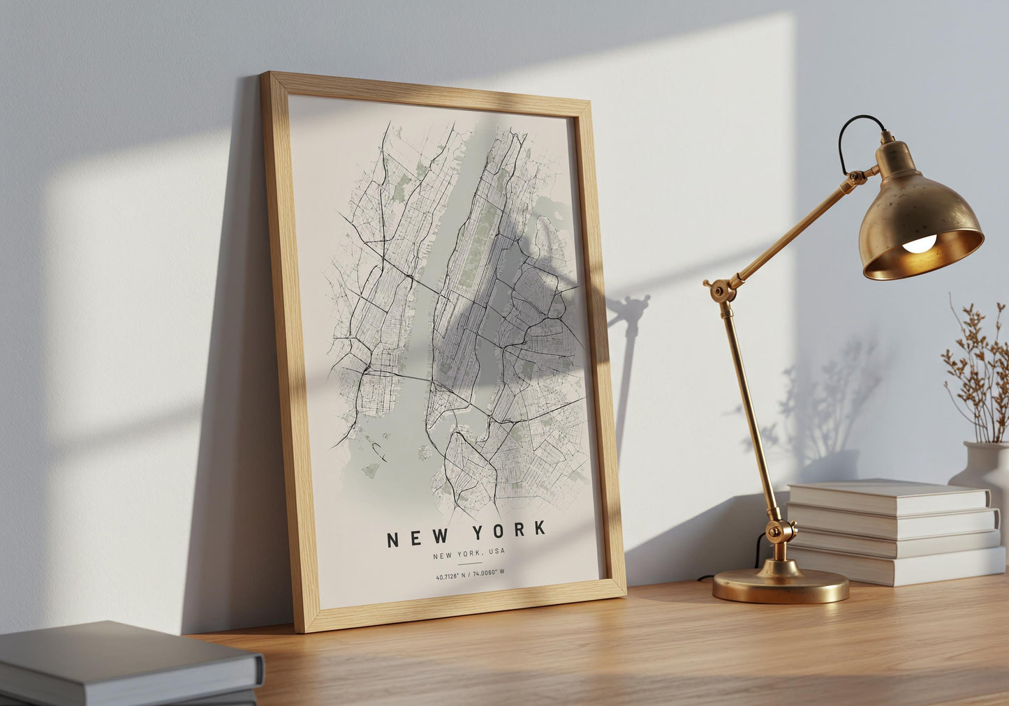 Minimalist Manhattan city plan with intricate black street lines and subtle muted sage details on a warm cream background.