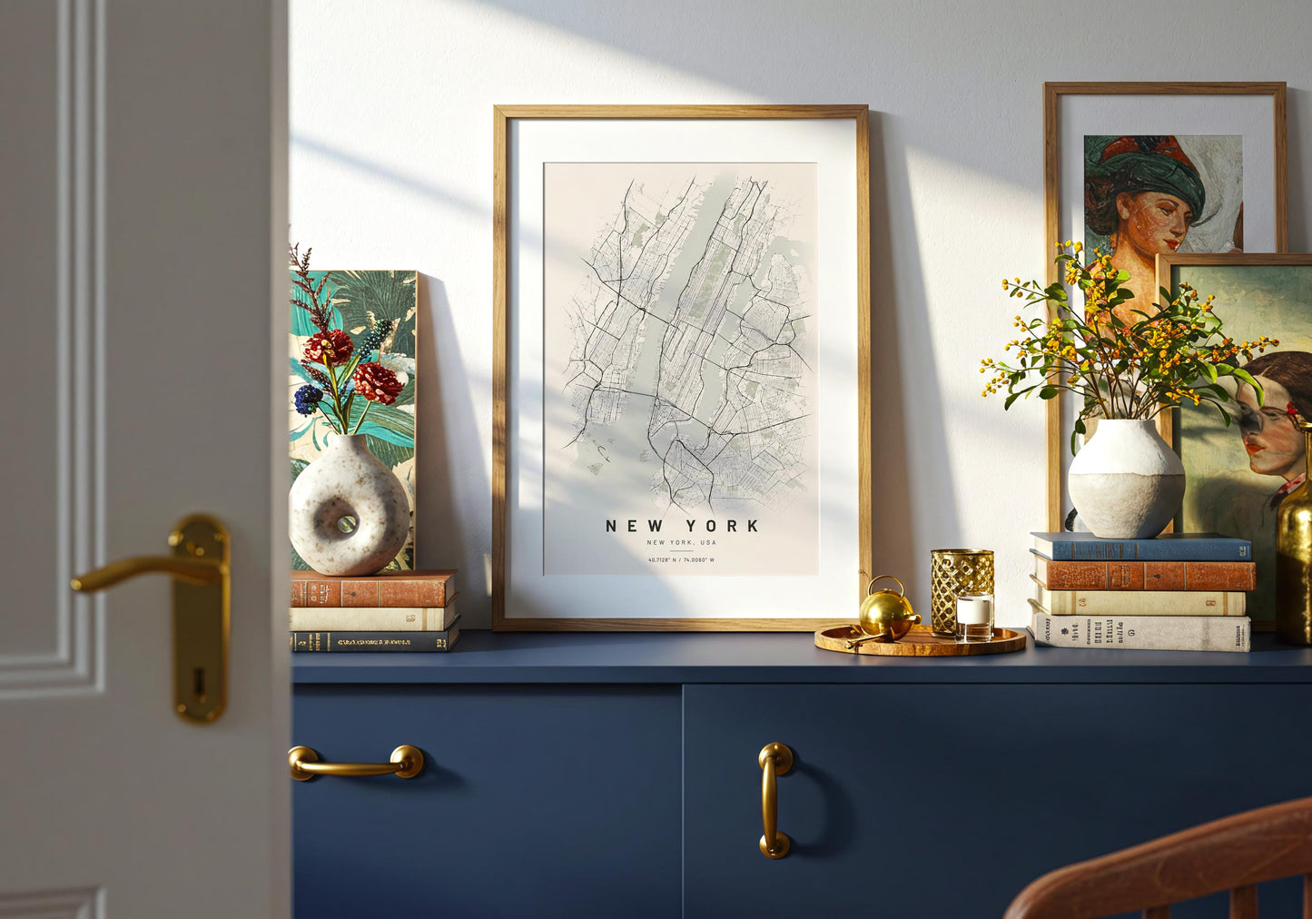 Minimalist urban design poster in cream, black and soft sage with detailed New York street-grid linework.