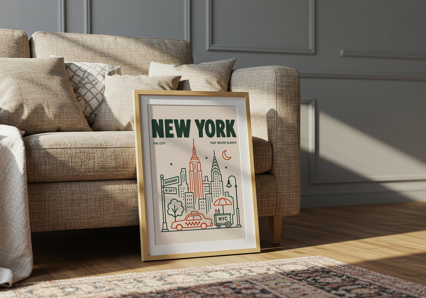 Graphic NYC illustration featuring a yellow-style taxi outline, street food cart, city lamp and Manhattan skyscrapers.