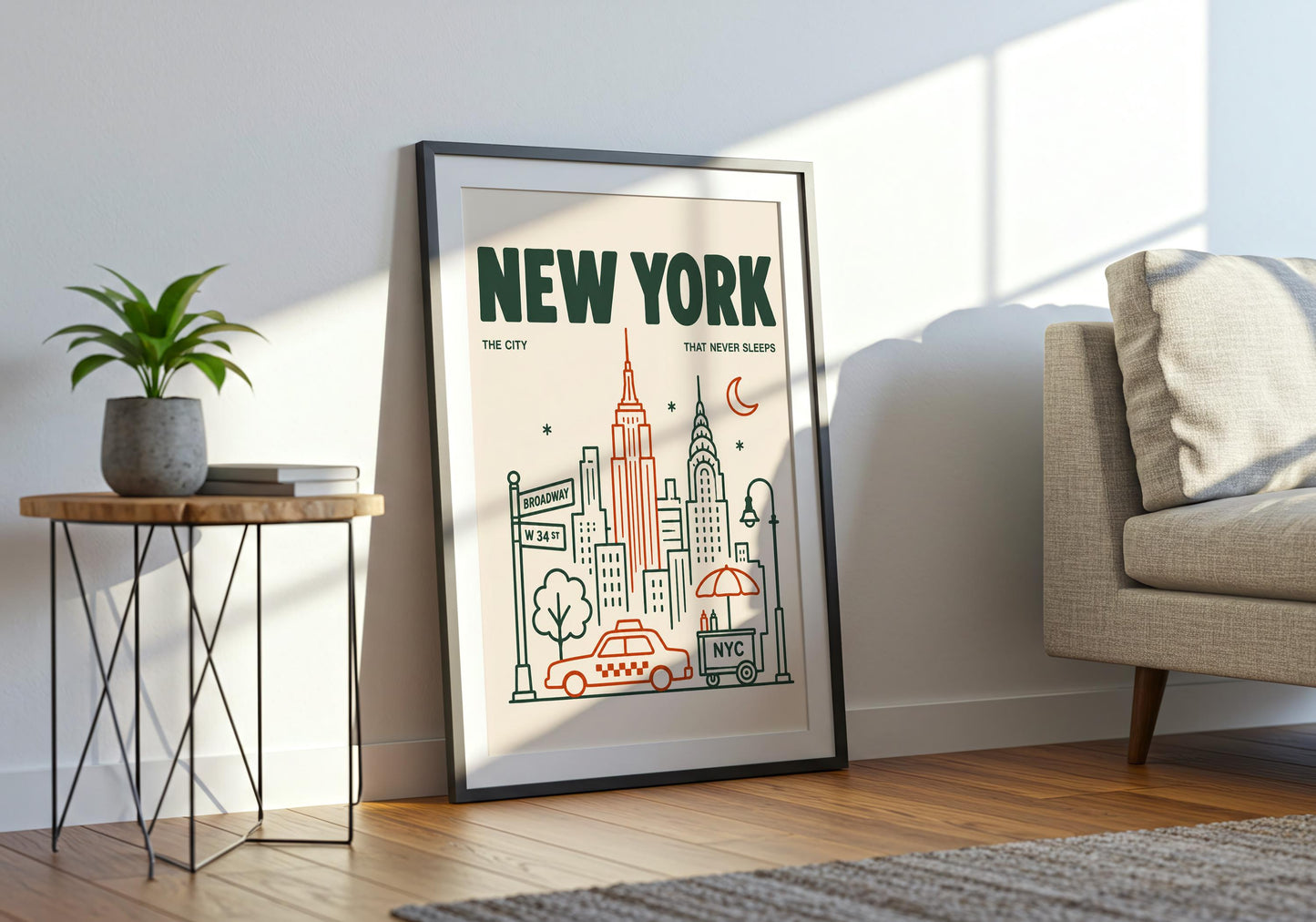 Framed New York typography print displayed against a bright white panelled wall with natural wooden flooring.