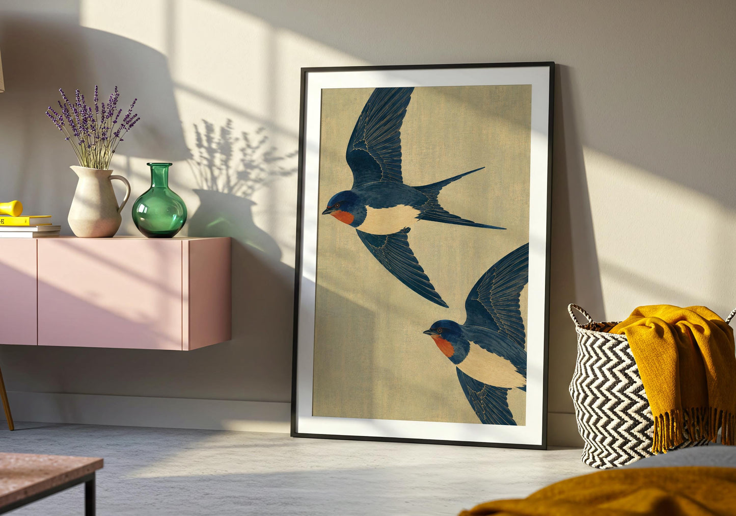 British garden bird illustration showing graceful Barn Swallows soaring against a soft neutral background.