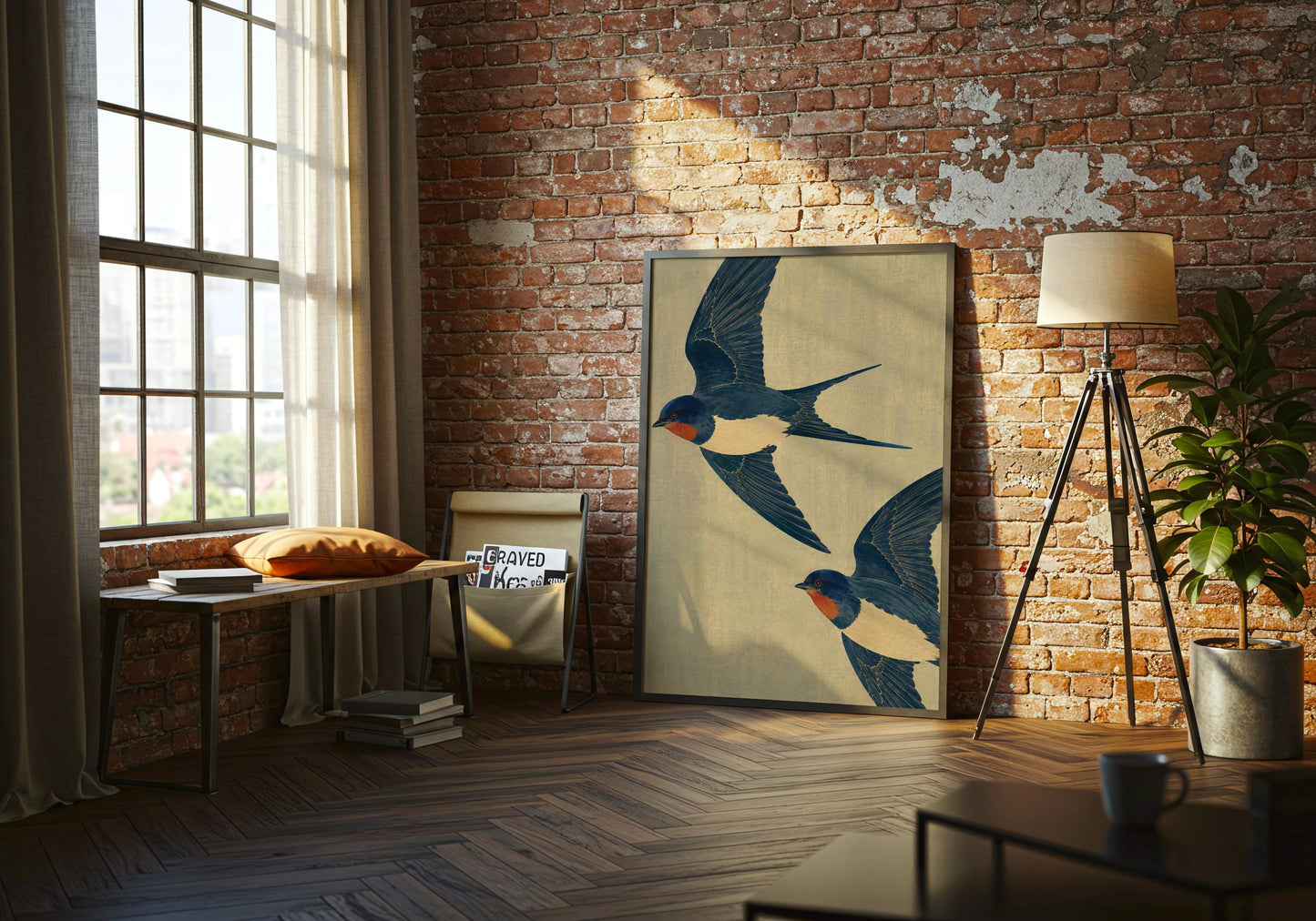 Wildlife wall art featuring two flying swallows, perfect for country cottage decor and bird enthusiasts.