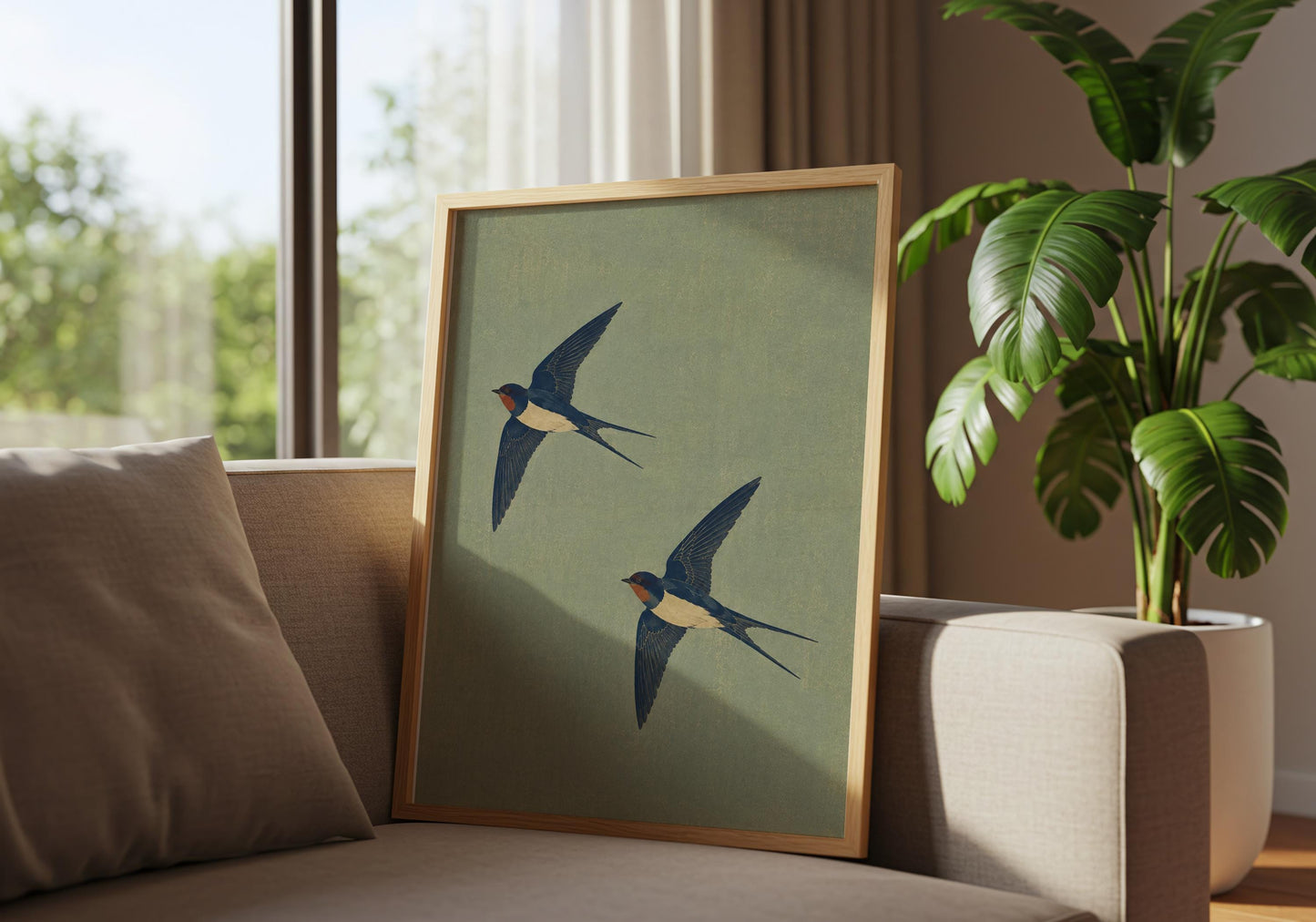 Symbolic bird print featuring a pair of swallows in flight, perfect for housewarming and first home gifts.