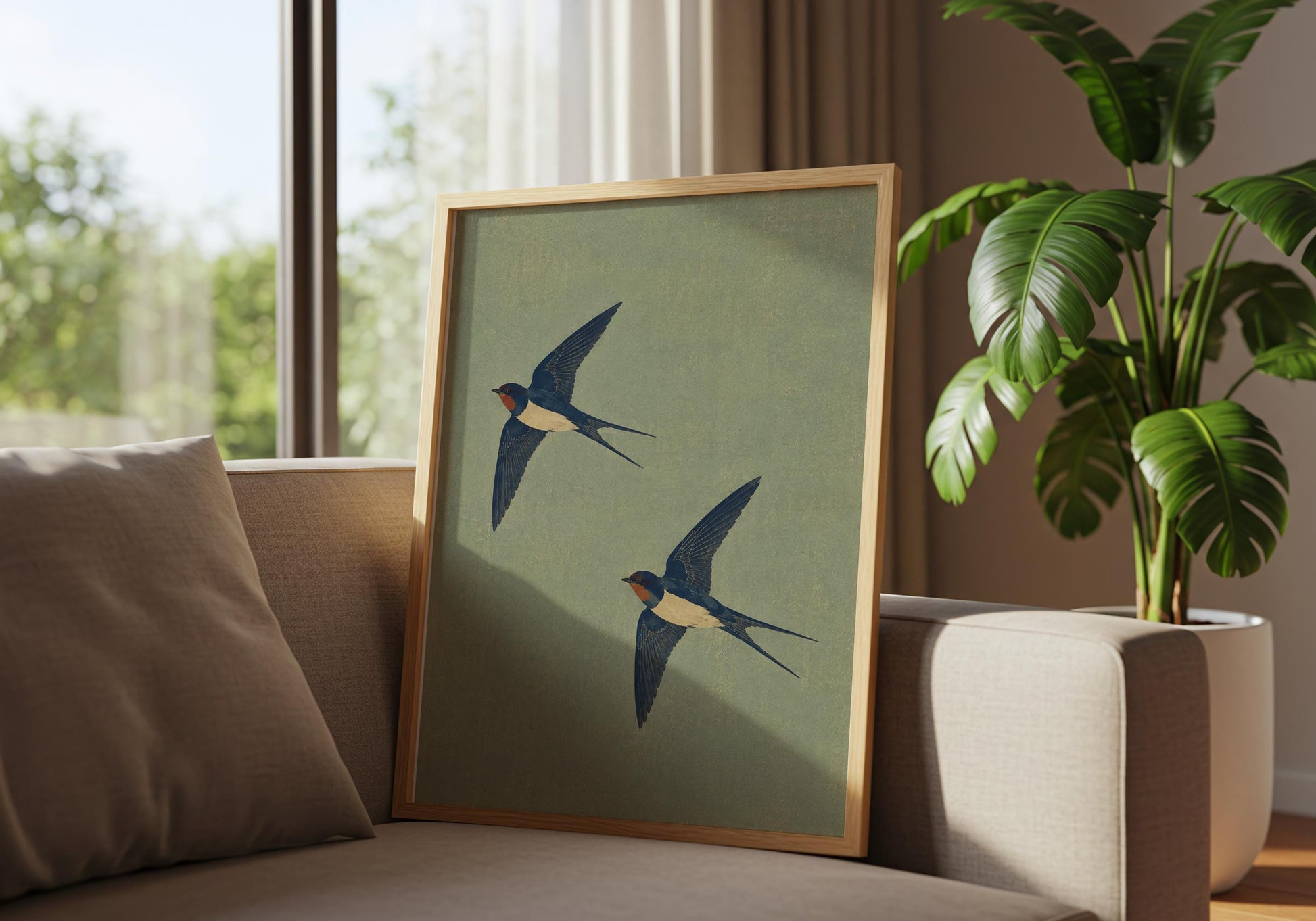 Symbolic bird print featuring a pair of swallows in flight, perfect for housewarming and first home gifts.