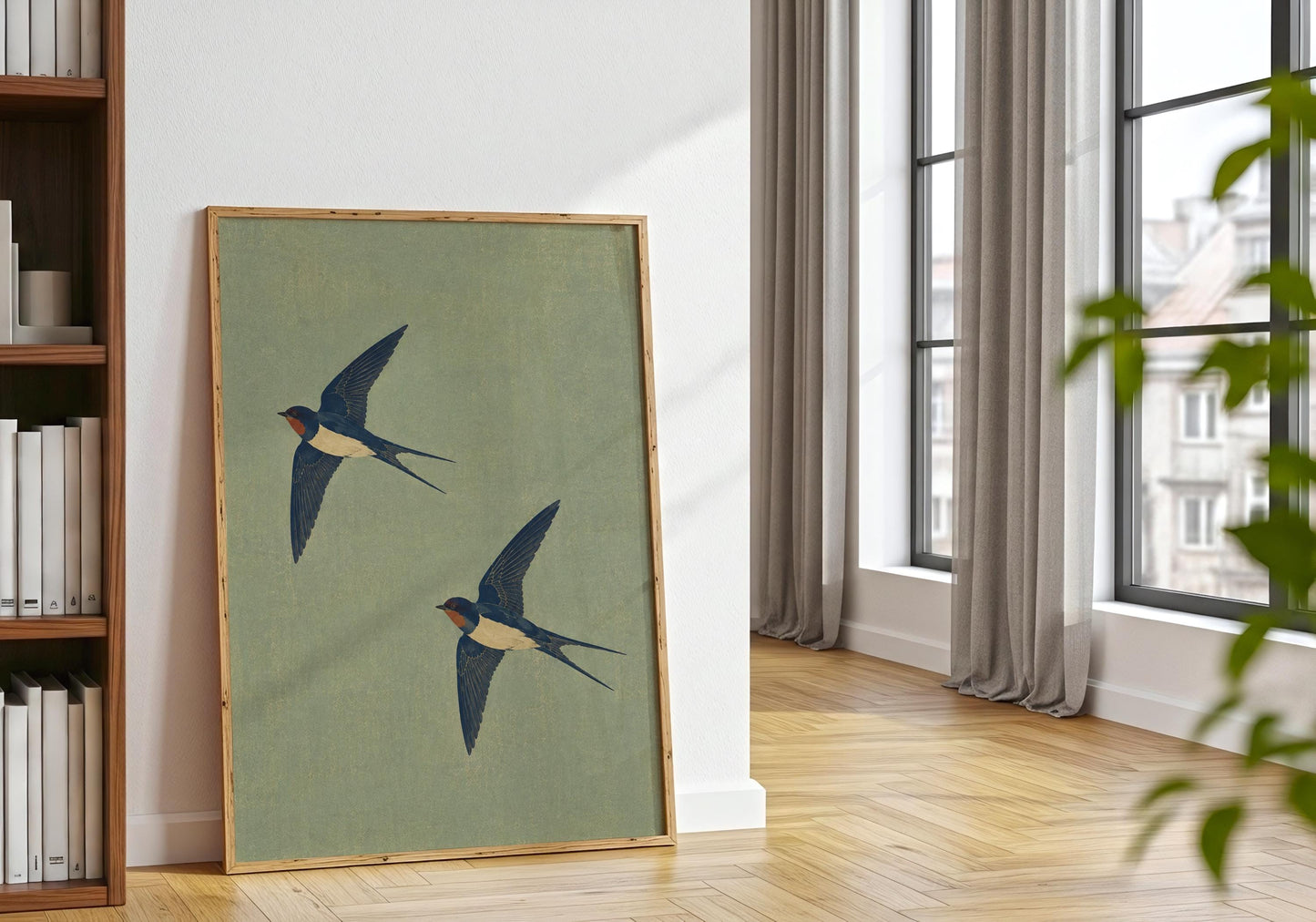Romantic bird print with two swallows soaring across a soft sage background, perfect for anniversary gifts.