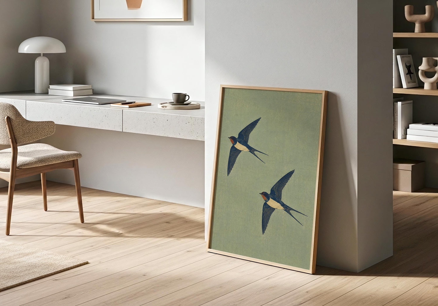 Two flying swallows artwork representing love and togetherness, modern minimalist wall decor for couples.