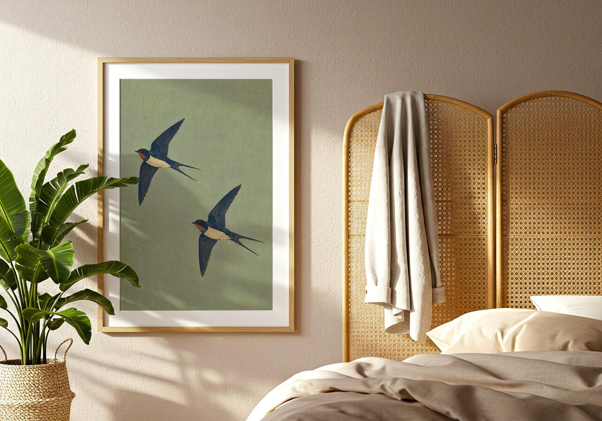 Contemporary romantic wall art with two swallows, designed for Japandi and minimalist interiors.