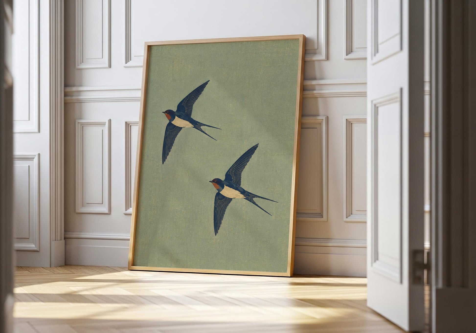 Minimalist swallow couple wall art featuring two birds flying together, symbolic wedding gift for couples.