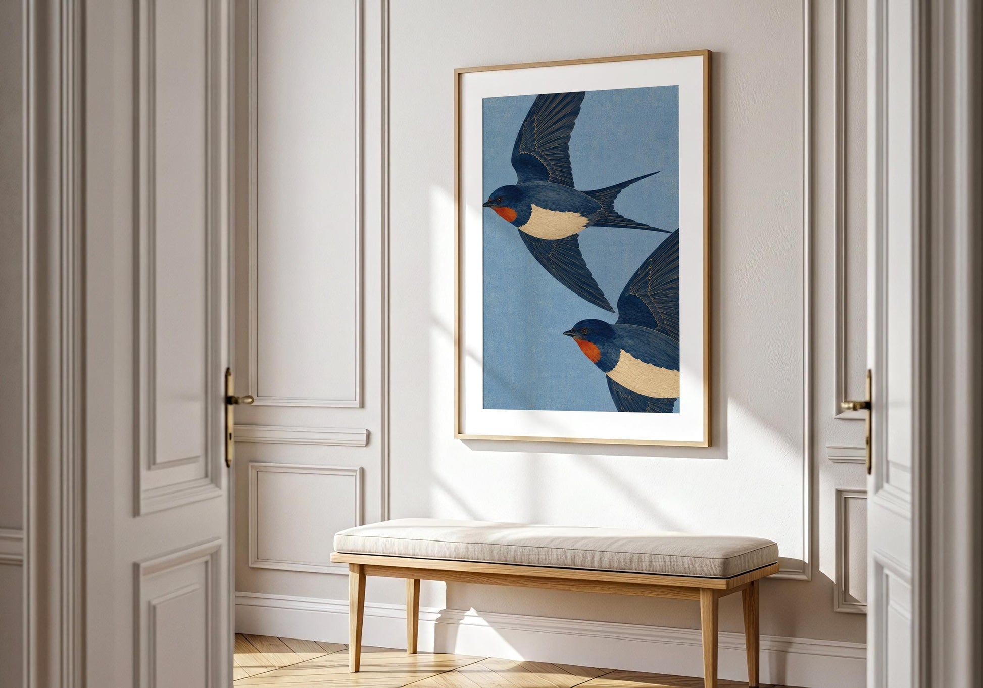 Grandmillennial bird print with vintage-style swallows, sophisticated wall art for living rooms, bedrooms, and studies.
