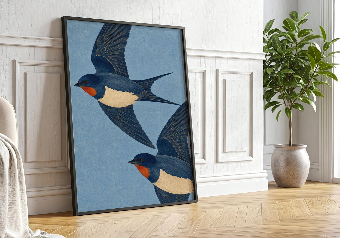 Traditional bird print with two swallows in flight on a soft blue background, ideal for classic living room and hallway decor.
