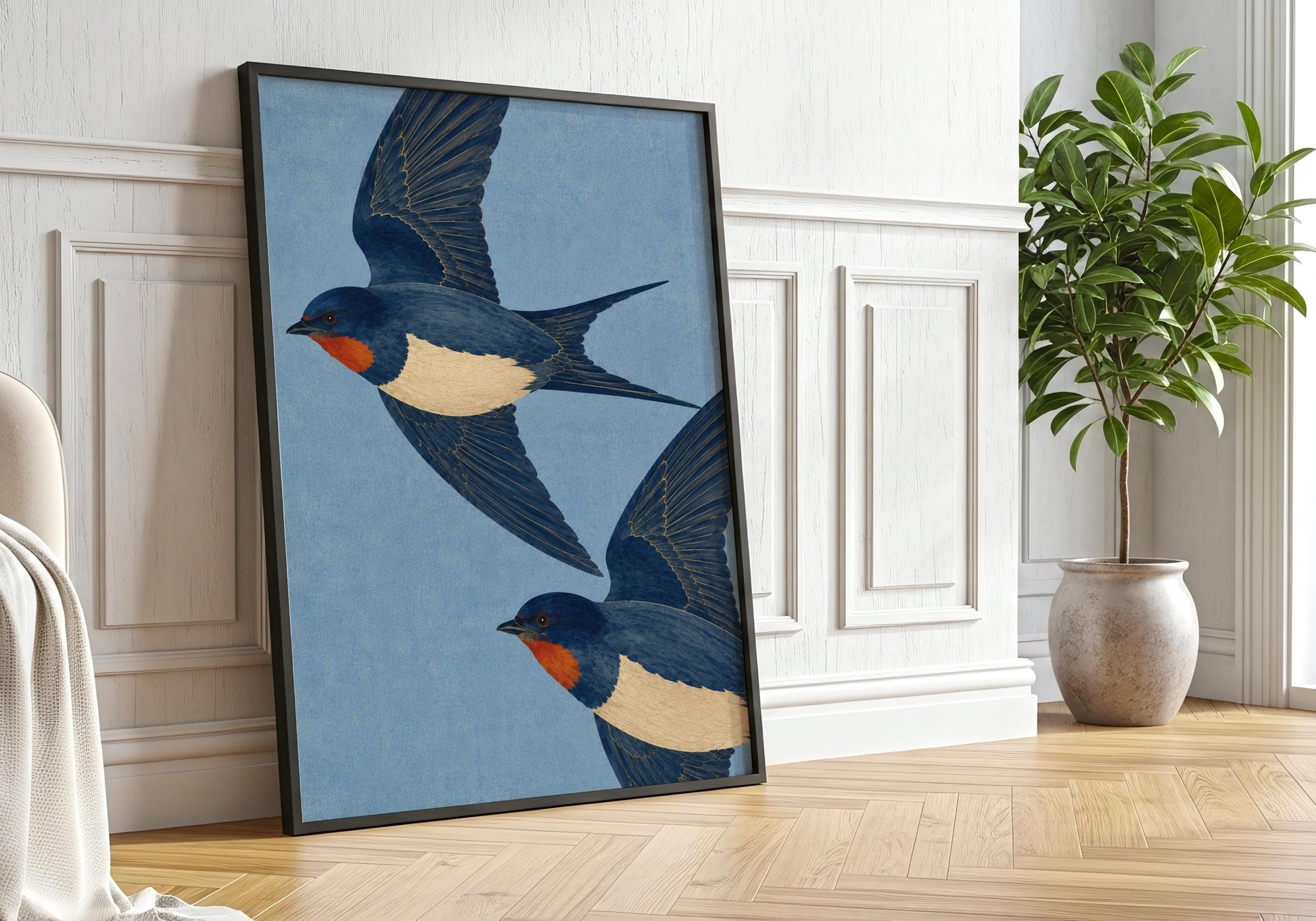 Traditional bird print with two swallows in flight on a soft blue background, ideal for classic living room and hallway decor.