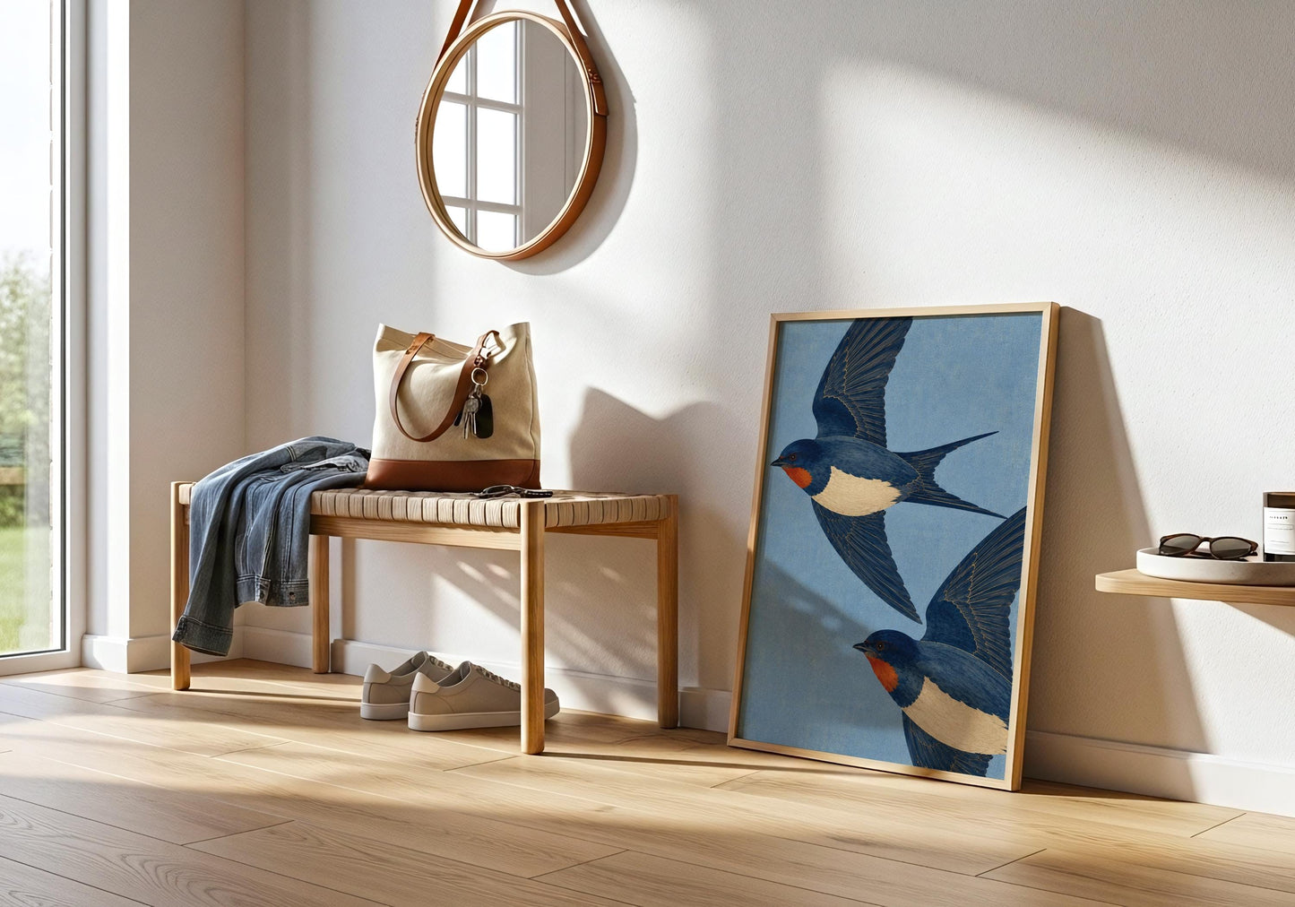 Elegant swallow wall decor featuring two birds soaring across a powder blue background for traditional and cottage interiors.