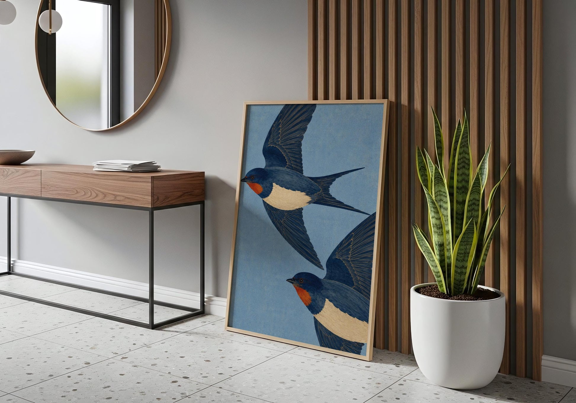 Classic bird illustration featuring two swallows in flight, timeless wall art for traditional, cottage, and Grandmillennial homes.