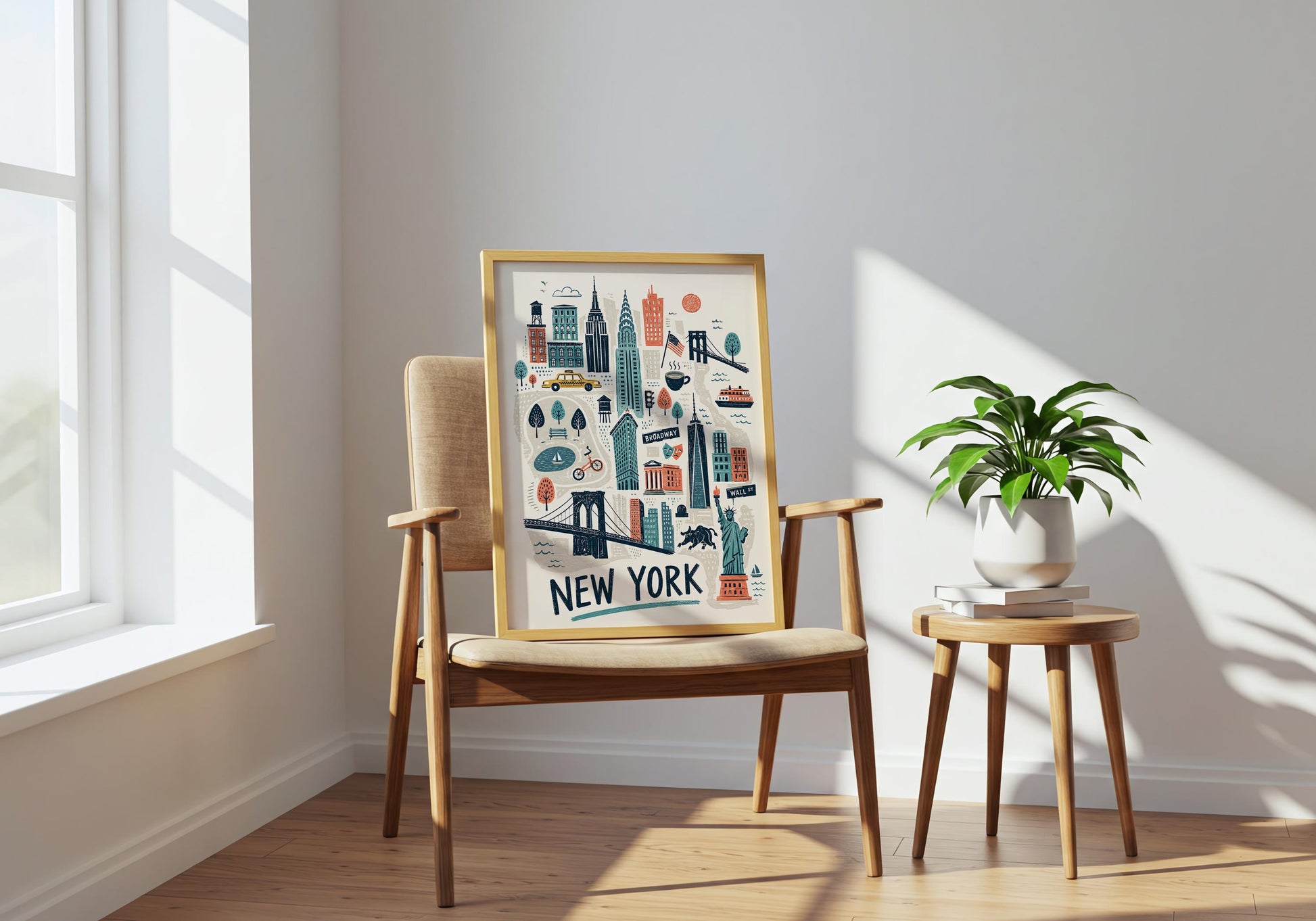 Colourful NYC poster with New York typography and a mid-century inspired palette of teal, orange, navy and yellow.