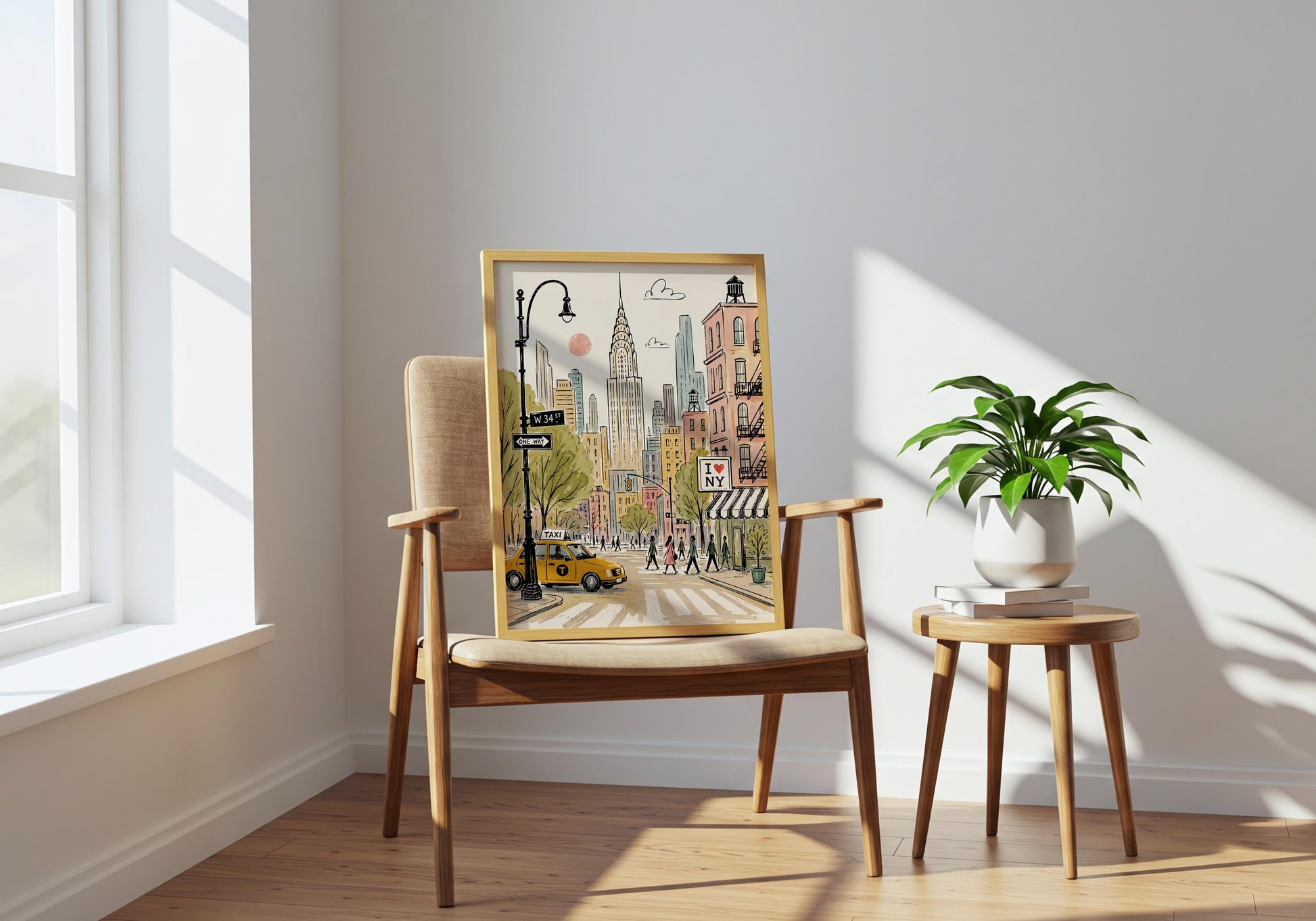 Hand-drawn Manhattan wall art depicting a lively crosswalk, leafy streets and iconic New York architecture.