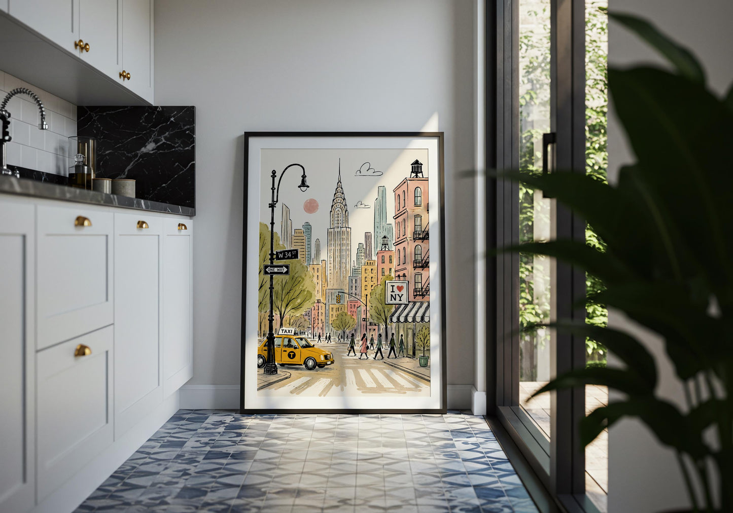 Illustrated Manhattan street scene with pedestrians, brownstone buildings, fire escapes and a classic New York taxi.