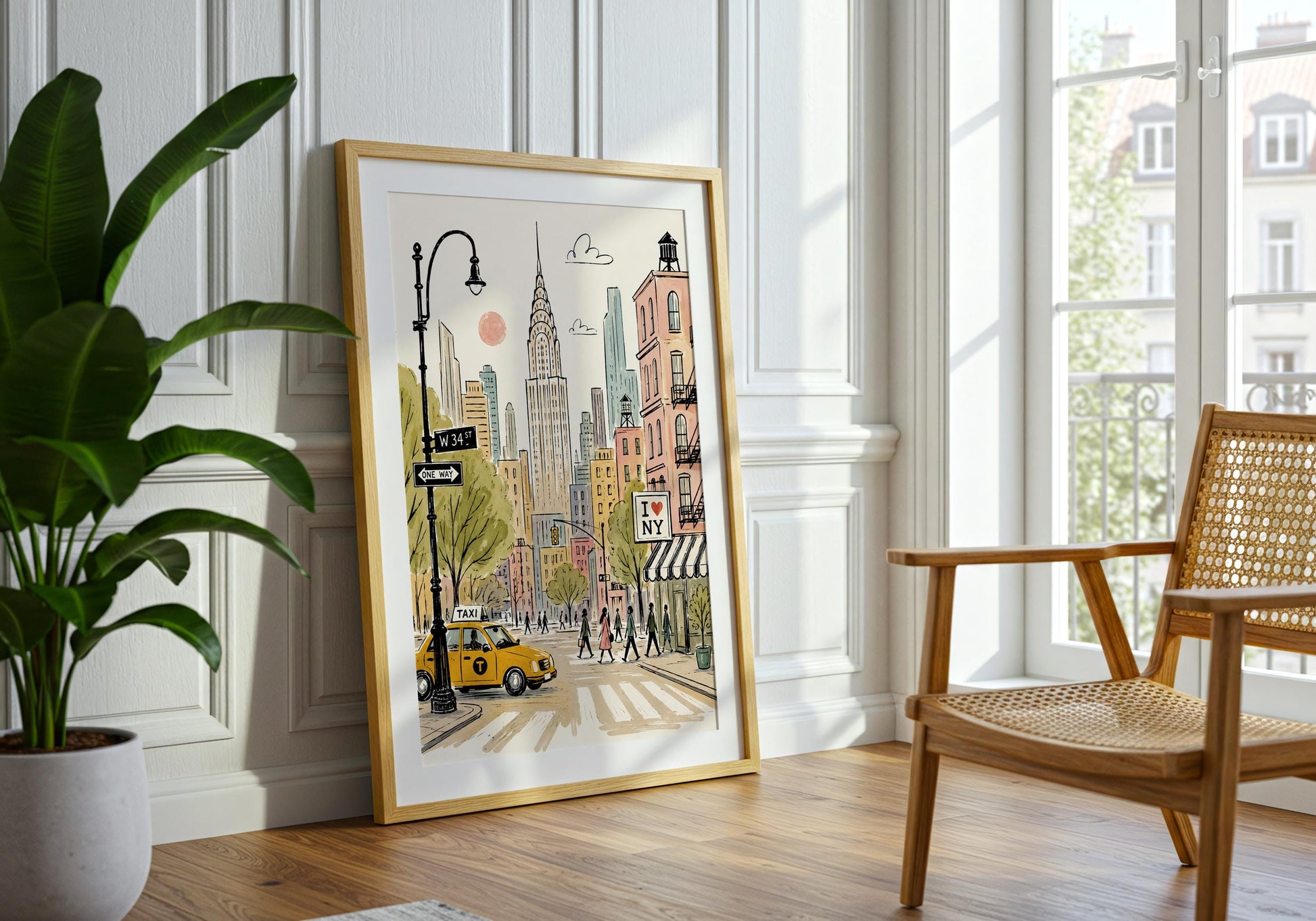 New York travel poster with an I Love NY sign, striped storefront awning and colourful city architecture.