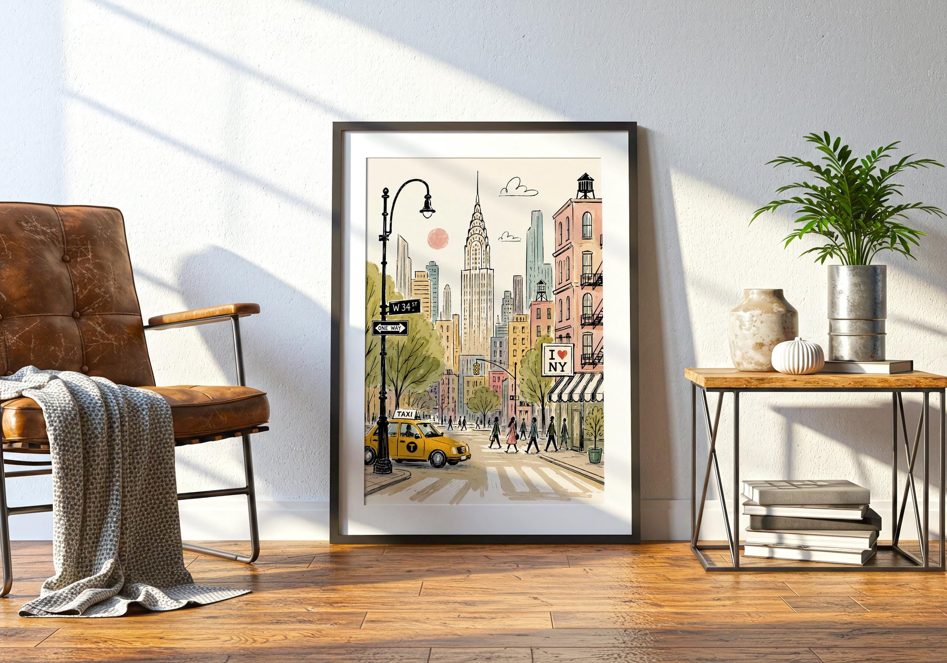 Framed New York City print displayed in a light neutral interior with decorative wall panelling and natural wood flooring.