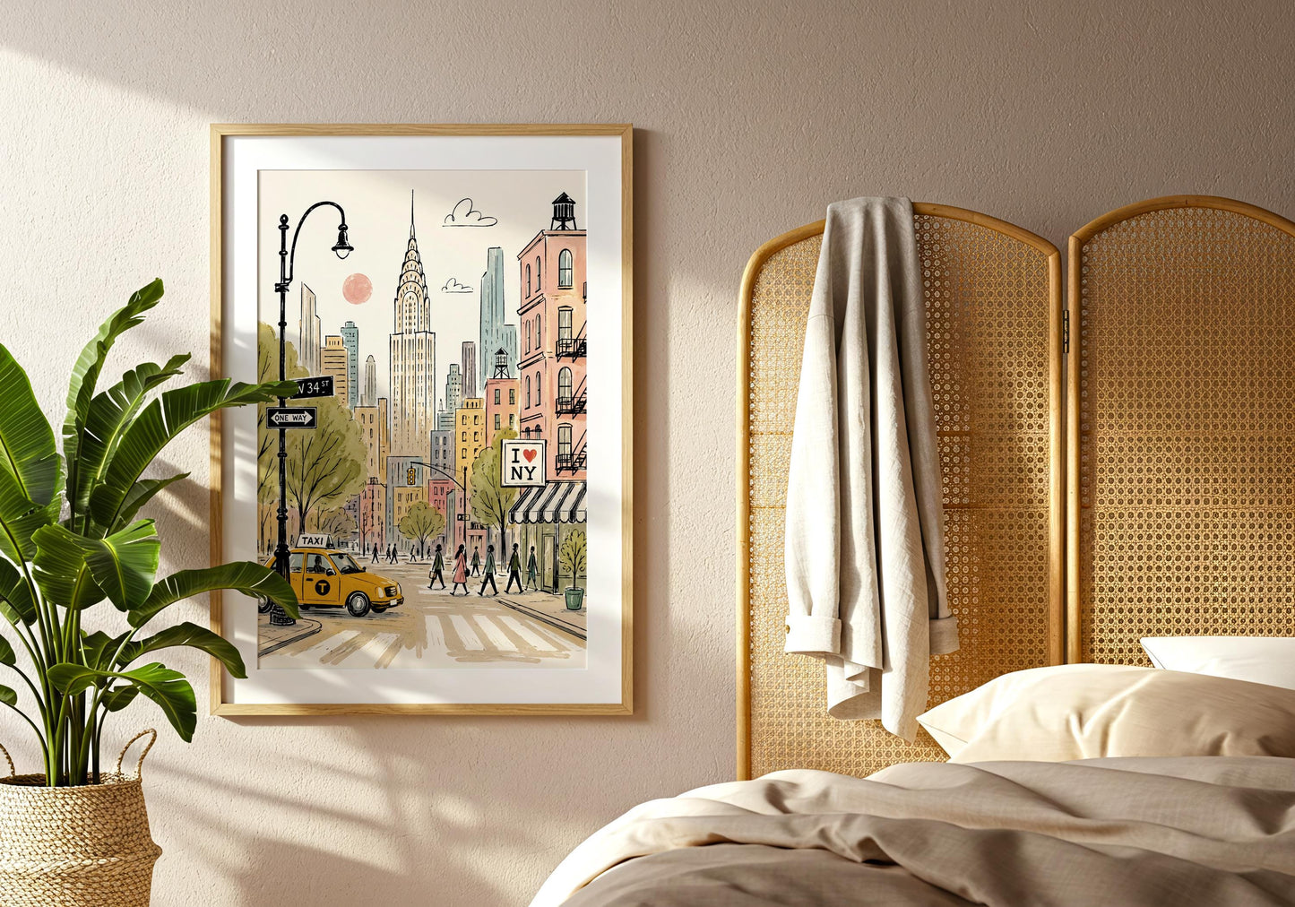 Vintage inspired NYC travel print featuring a yellow cab on a leafy Manhattan street with the Chrysler Building behind.